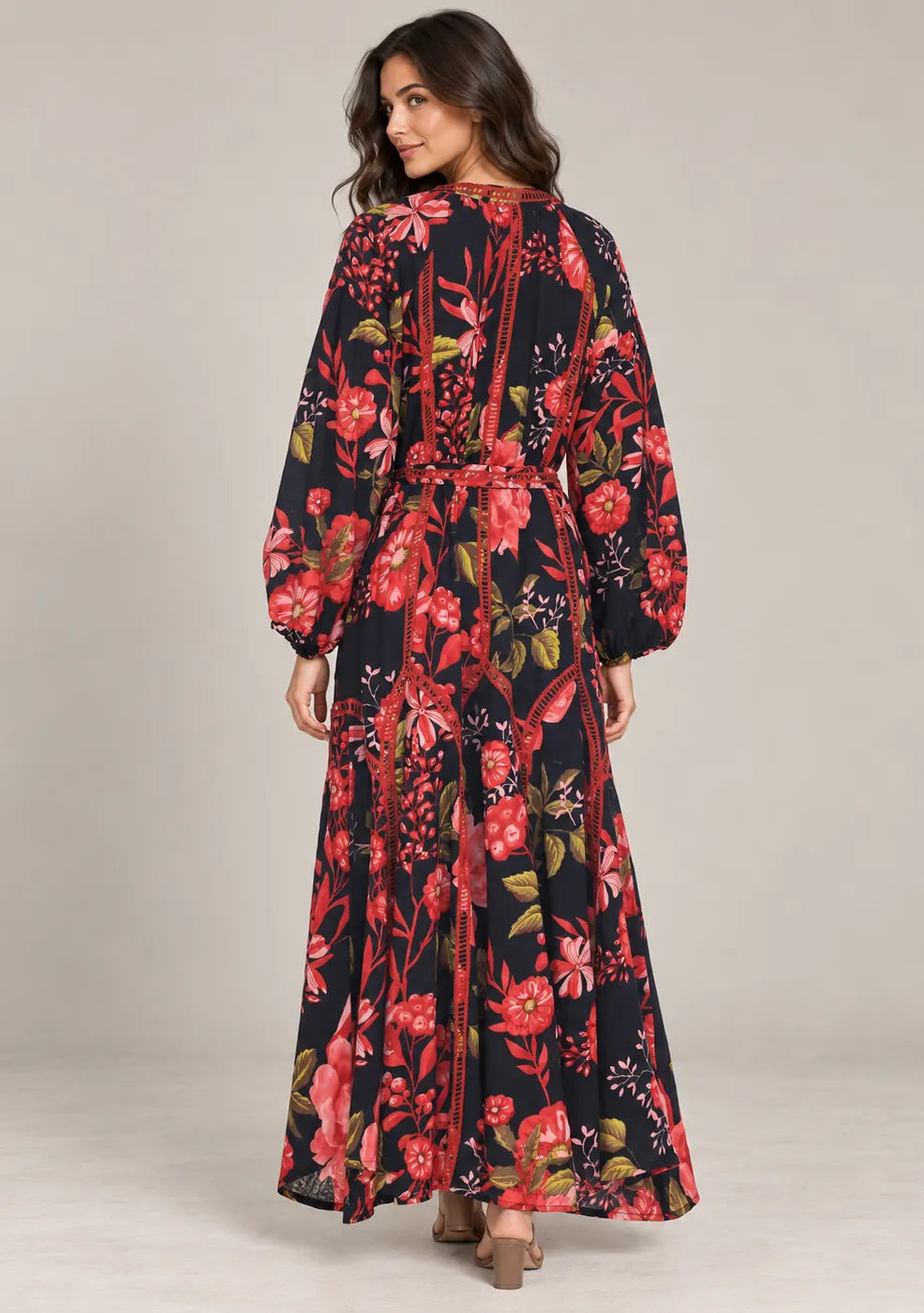 Women’s Printed Cotton Hand-Embroidered Long Dress - Almasa