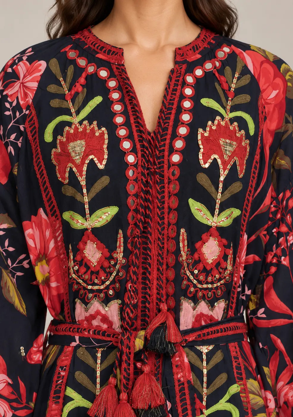 Women’s Printed Cotton Hand-Embroidered Long Dress - Almasa
