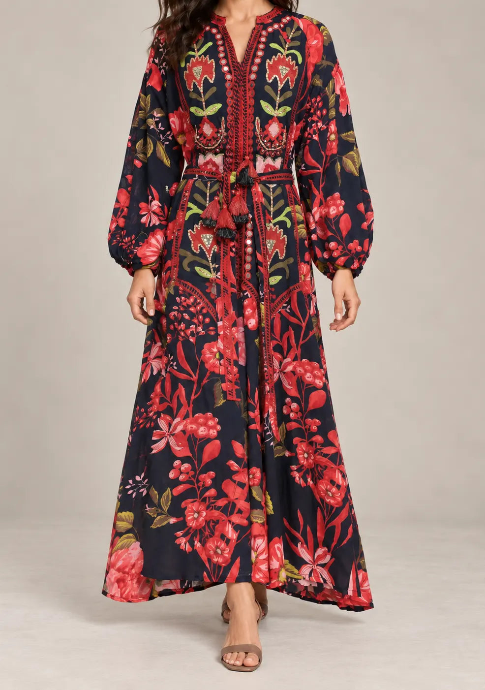Women’s Printed Cotton Hand-Embroidered Long Dress - Almasa