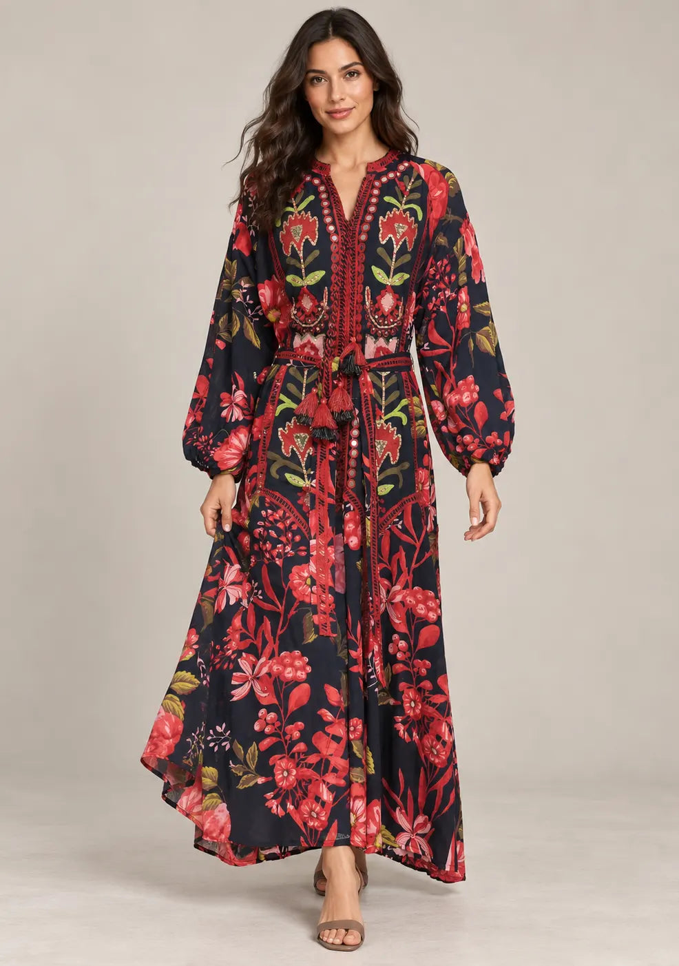 Women’s Printed Cotton Hand-Embroidered Long Dress - Almasa