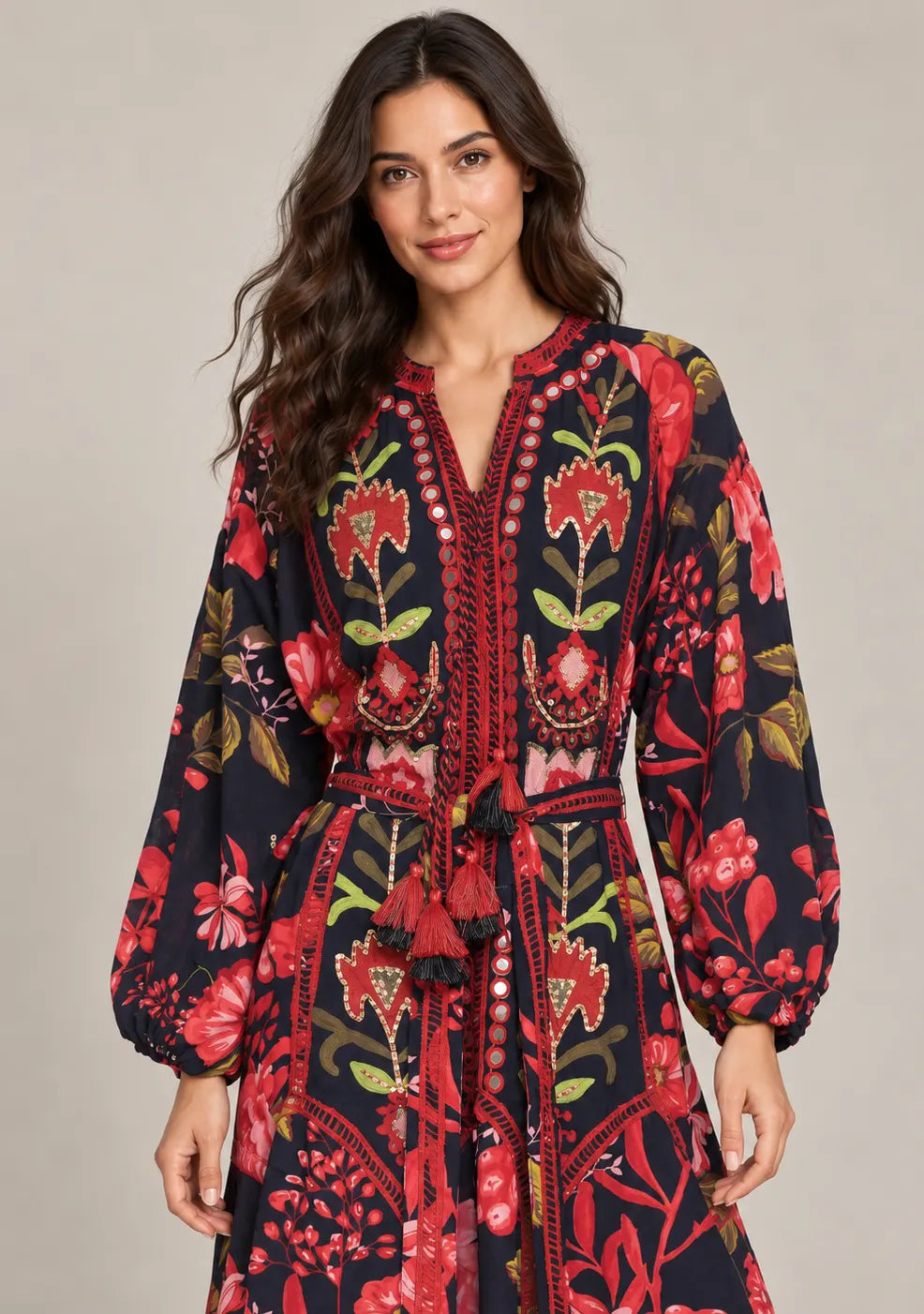 Women’s Printed Cotton Hand-Embroidered Long Dress - Almasa