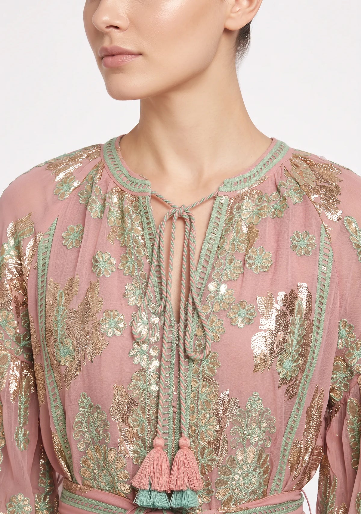 Faiza Long Dress – Embroidered Maxi Dress with Tie Belt | ibBan