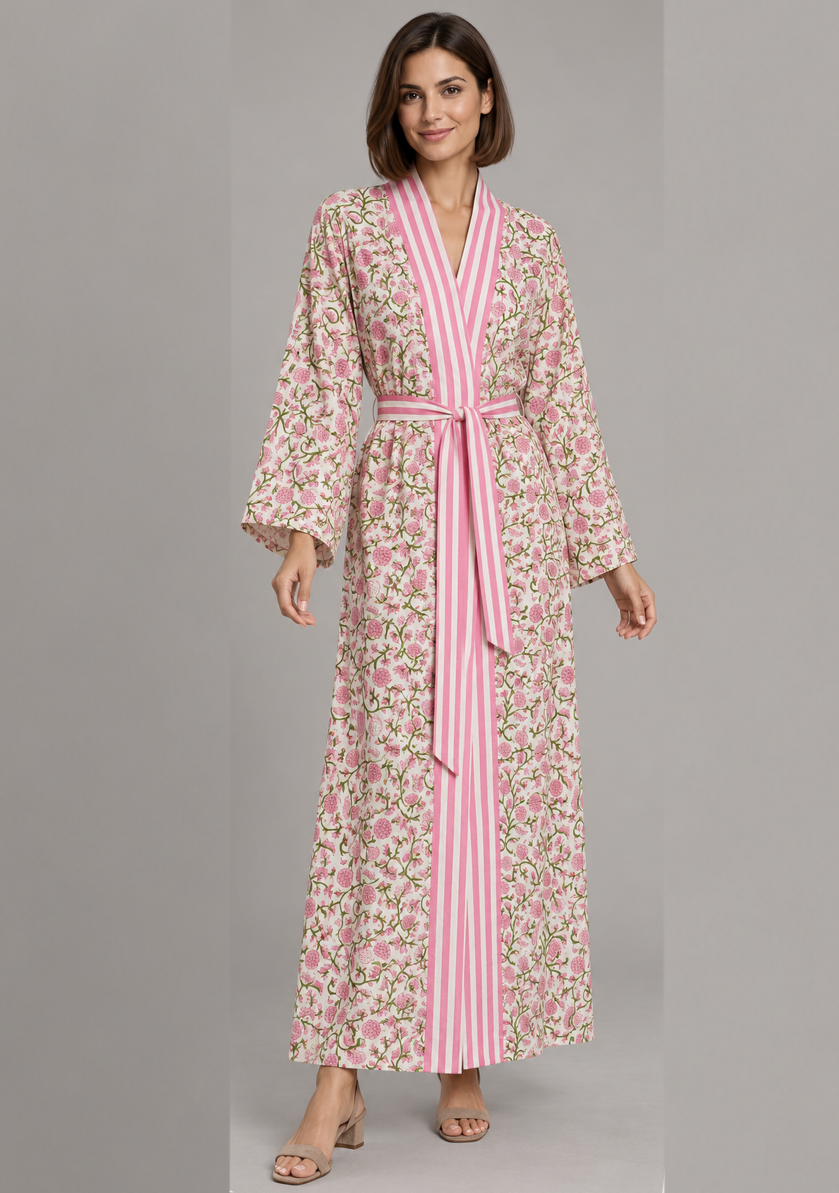 Ivory Floral Maxi Kaftan with Pink Striped Belt | ibBan