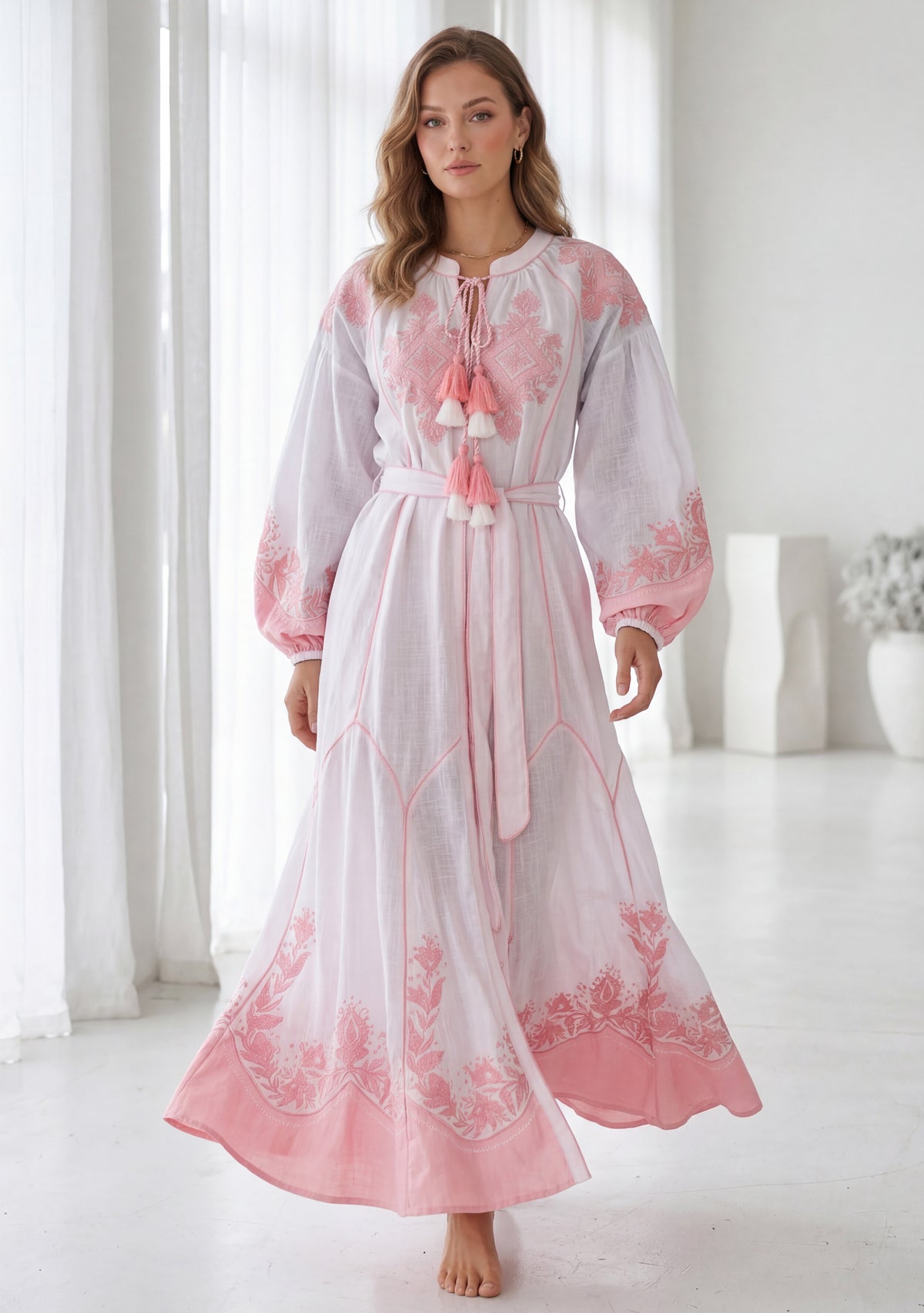 Naysha White Botanical Maxi Dress with Balloon Sleeves | ibBan