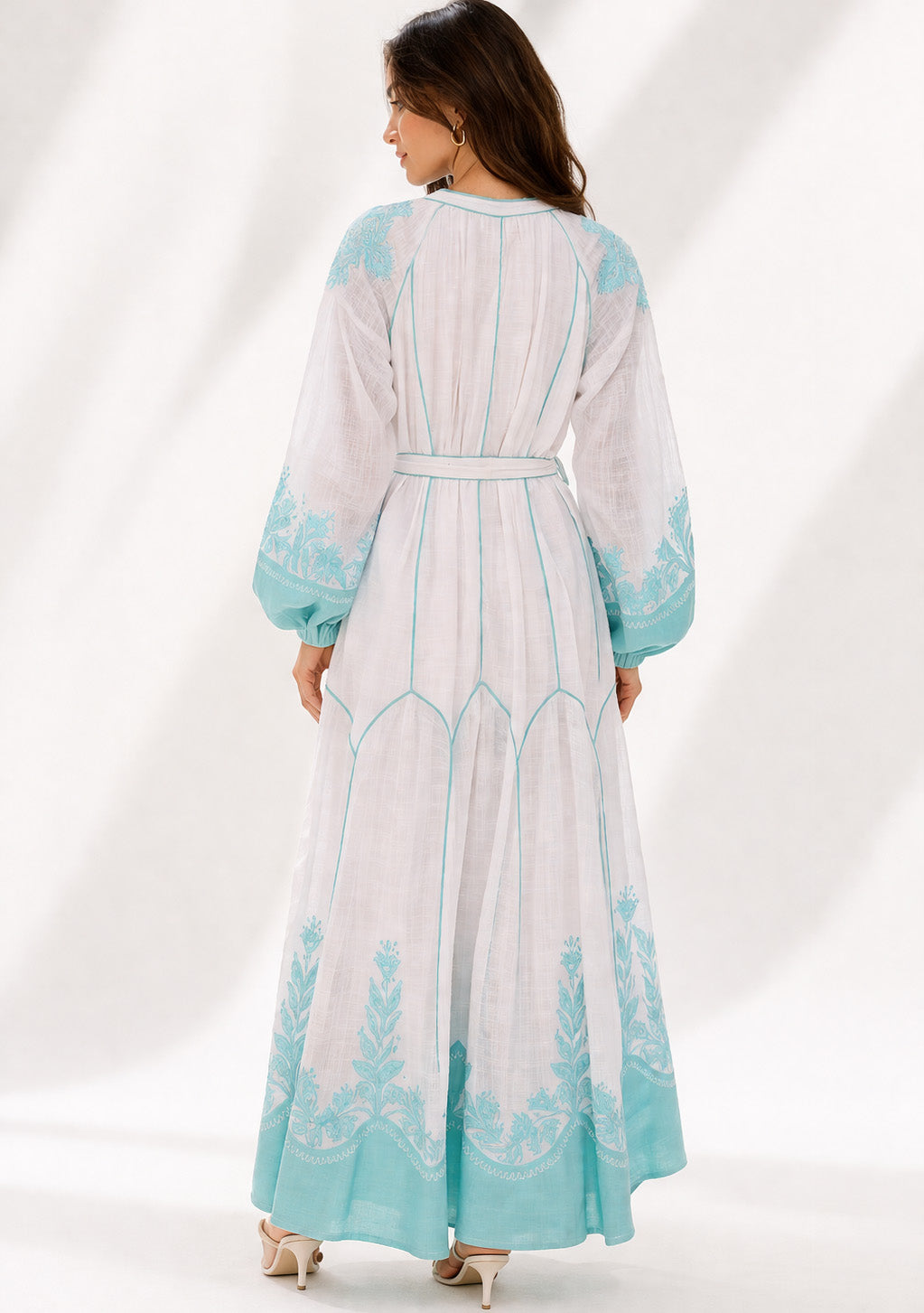 Naysha White Botanical Maxi Dress with Balloon Sleeves | ibBan