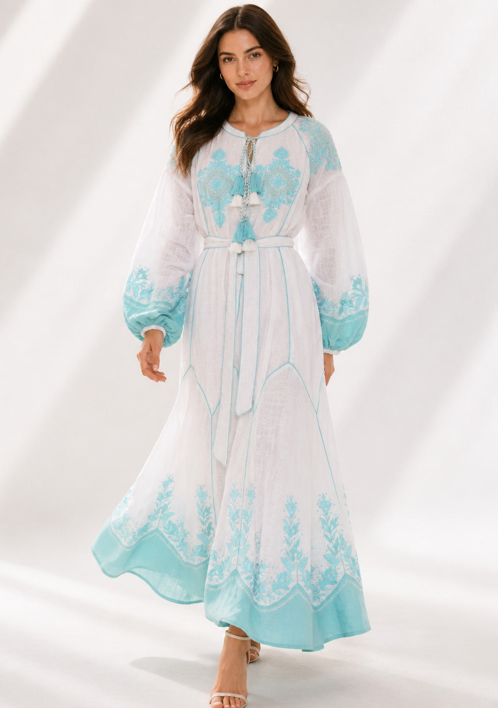 Naysha White Botanical Maxi Dress with Balloon Sleeves | ibBan