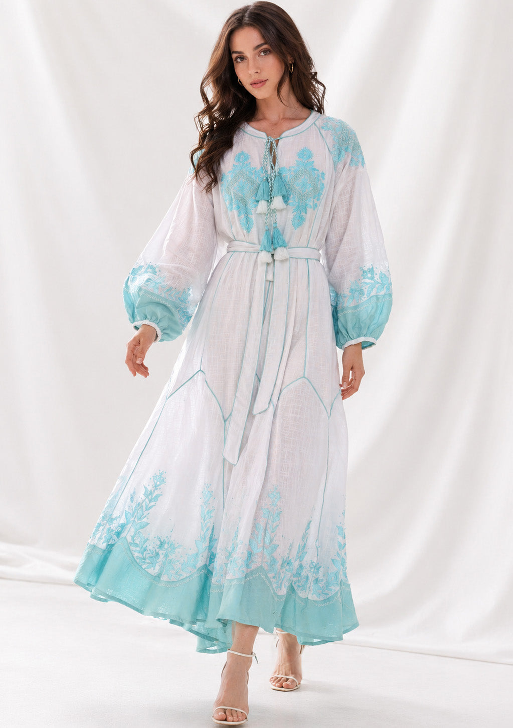 Naysha White Botanical Maxi Dress with Balloon Sleeves | ibBan