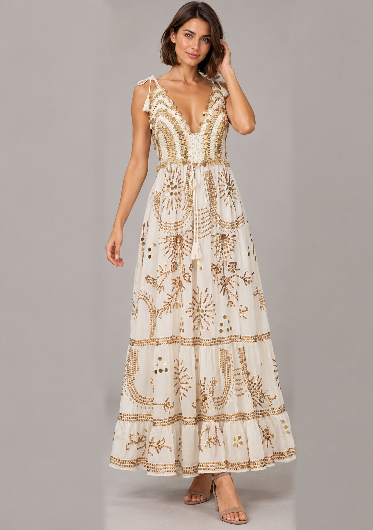 Yara Aqua Strap Dress with Crochet Bodice & Gold Details | ibBan